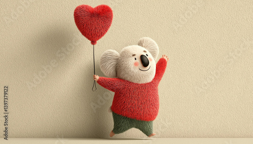Joyful 3d render of a fluffy koala bear in red outfit holding a heart-shaped balloon against a beige textured wall photo