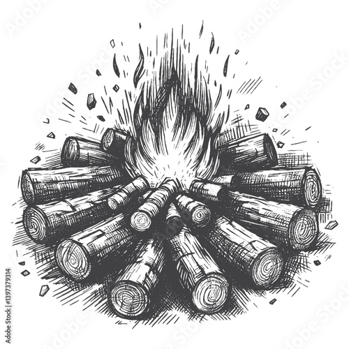 Hand-Drawn Campfire Vector – Sketch Style Outdoor Illustration for T-Shirts, Stickers, and Posters.
