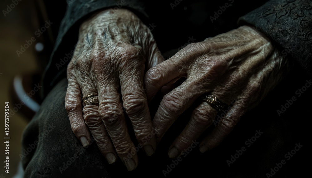 Fototapeta premium Elderly Hands with Rings in Low Light