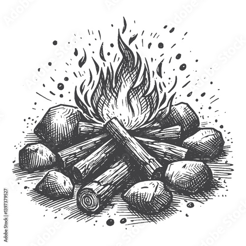 Hand-Drawn Campfire Vector – Sketch Style Outdoor Illustration for T-Shirts, Stickers, and Posters.