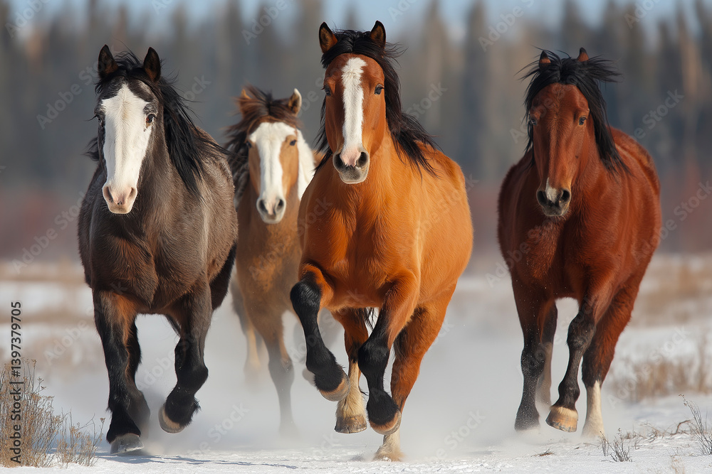 Wild horses galloping through snowy field, herd of four horses running in winter landscape, freedom and power in nature, majestic equine beauty