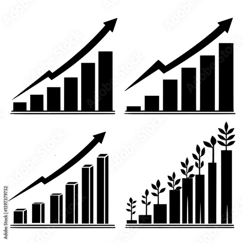 Illustration of Different Types of Bar Charts with an Upward Arrow and Growing Plants, Profit and Finance Growth Concept in Business