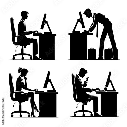Office Workers Working at Computer Desk Job in Different Poses, Gender Equality, Business Meeting