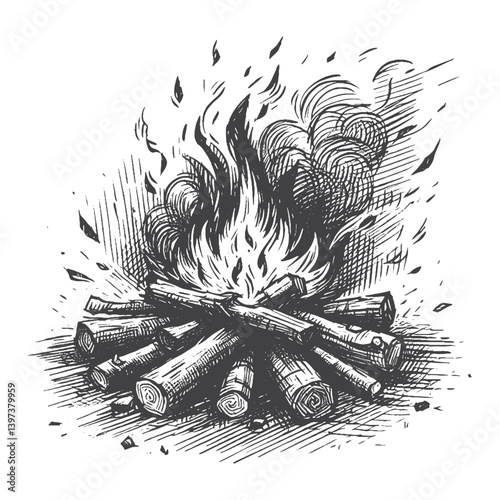 Hand-Drawn Campfire Vector – Sketch Style Outdoor Illustration for T-Shirts, Stickers, and Posters.