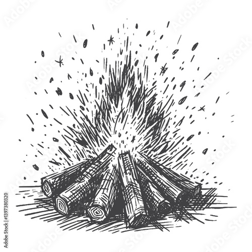 Hand-Drawn Campfire Vector – Sketch Style Outdoor Illustration for T-Shirts, Stickers, and Posters.