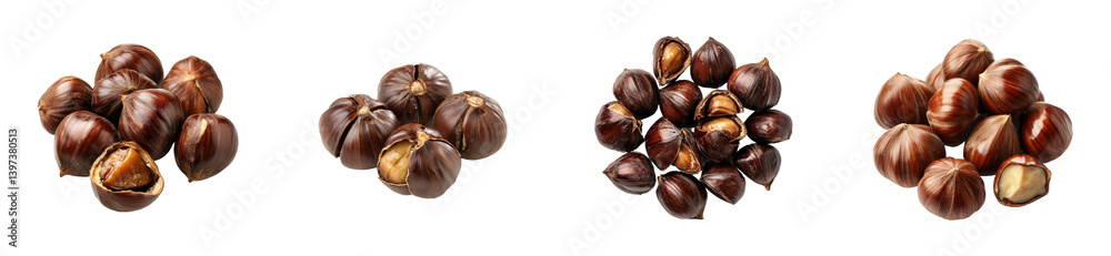 Obraz premium Roasted chestnuts isolated on white background collection, cut out - stock png