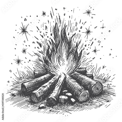 Hand-Drawn Campfire Vector – Sketch Style Outdoor Illustration for T-Shirts, Stickers, and Posters.