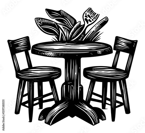 Wooden Table with Two Chairs and Greenery Element in Design