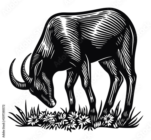 Black silhouette of a grazing animal in a stylized woodcut design