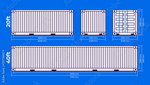 Cargo container set isolated. Box from different sides collection. Freight shipping container dimensions. 20ft and 40ft size. Realistic design. Flat style vector illustration. White color.