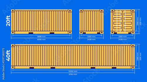 Cargo container set isolated. Box from different sides collection. Freight shipping container dimensions. 20ft and 40ft size. Realistic design. Flat style vector illustration. Yellow color.