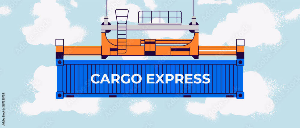 Naklejka premium Cargo container set isolated. Box from different sides collection. Freight shipping container hanging on crane hook. Realistic design. Flat style vector illustration. Blue color.