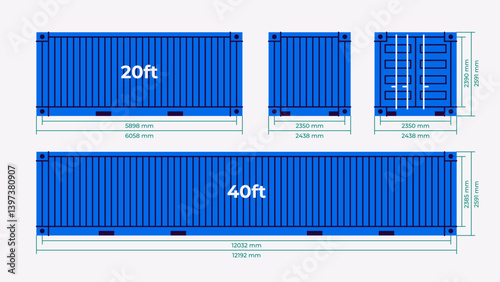 Cargo container set isolated. Box from different sides collection. Freight shipping container dimensions. 20ft and 40ft size. Realistic design. Flat style vector illustration. Blue color.