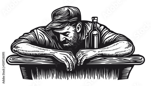 Depressed Man Leaning on Table with Bottle Vector Illustration