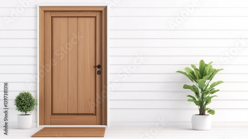 Wooden door with simple design beside plants in modern minimalistic indoor space with white walls