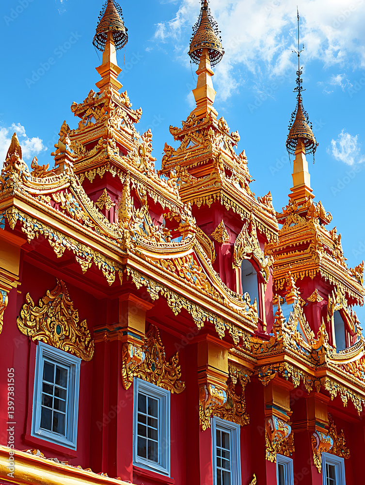 Ornate red and gold building facade with tiered roofs intricate details and blue sky backdrop. Ornate red and gold building facade with tiered roofs intricate details and blue sky backdrop.