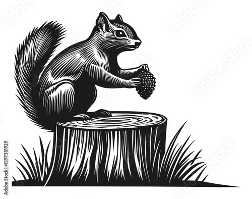 Squirrel Sitting on Stump Holding Pine Cone in Woodcut Style
