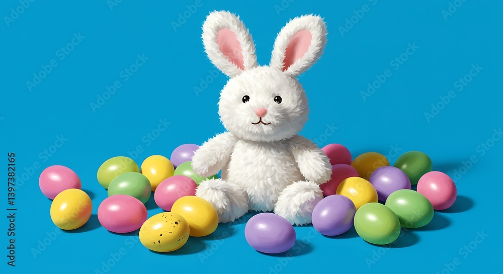Fototapeta premium Fluffy White Easter Bunny Surrounded by Pastel Easter Eggs on Blue Background