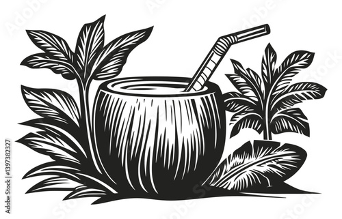 Coconut Drink with Straw Surrounded by Tropical Plants and Leaves