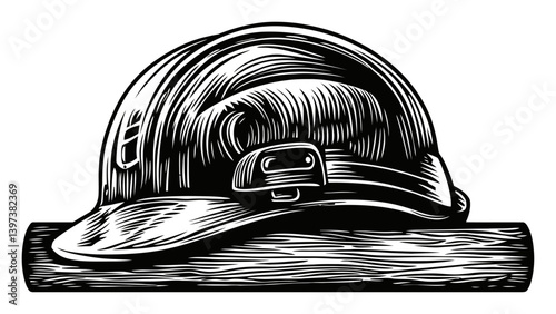 Vintage Style Construction Hard Hat Illustration on Wooden Beam