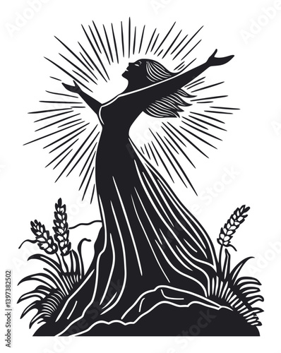 Silhouette of a Woman Celebrating with Arms Raised Towards Sunlight
