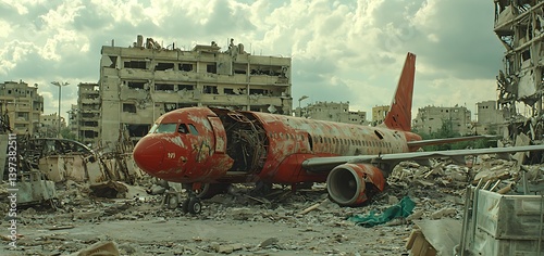 An abandoned red aircraft rests amidst destroyed buildings under a cloudy sky revealing a scene of desolation.