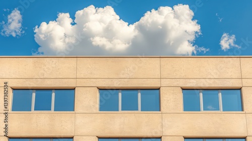 Tan Concrete Building With Blue Windows Under a Clear Sky With Fluffy White Clouds Urban Architectural Design With Clean Lines