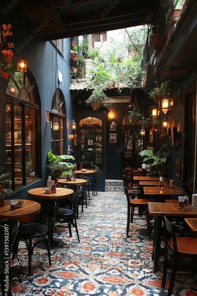 Fototapeta premium Lush indoor courtyard dining with warm lighting.