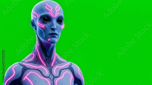 Futuristic alien with glowing neon patterns on green screen background