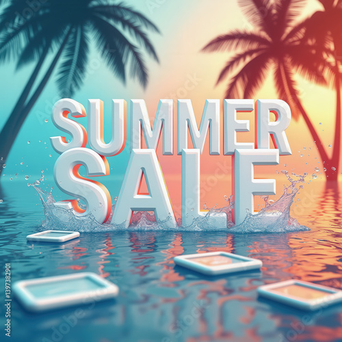 A colorful summer sale is prominently displayed against a serene backdrop of palm trees and a tranquil water surface, creating a lively vacation atmosphere