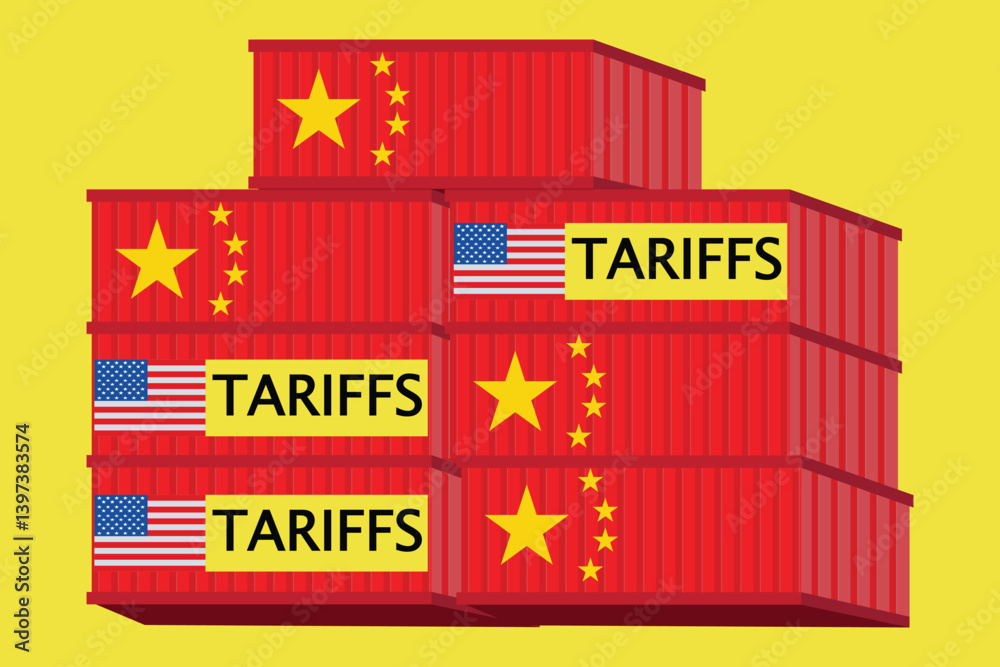 US and China trade tension shown through stacked chinese containers markes with tariff and us flags on a yellow background