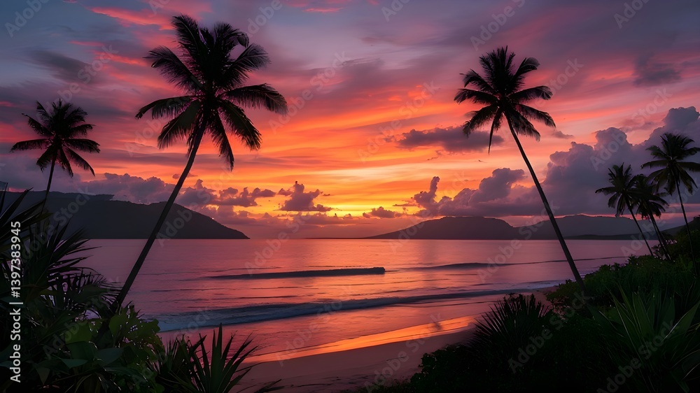 Obraz premium Vibrant Tropical Sunset Beach Landscape