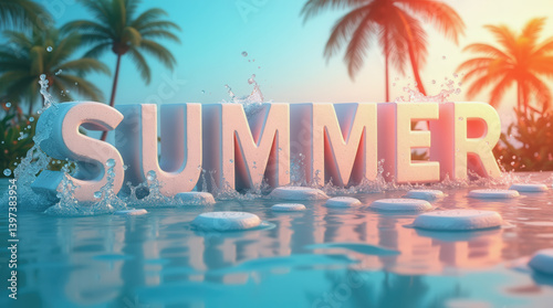 Bright and cheerful water splashes surround letters spelling summer, set against a beautiful tropical backdrop of palm trees and a clear sky, capturing the essence of relaxation and enjoyment