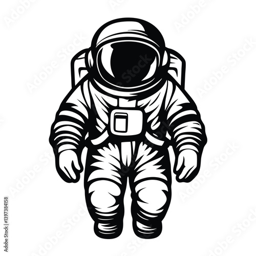 Cartoon Astronaut in Space Suit, Black and White Silhouette, Isolated on White Background