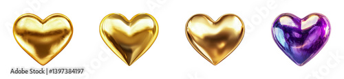 Shiny gold and purple metallic heart shapes in a row, cut out - stock png