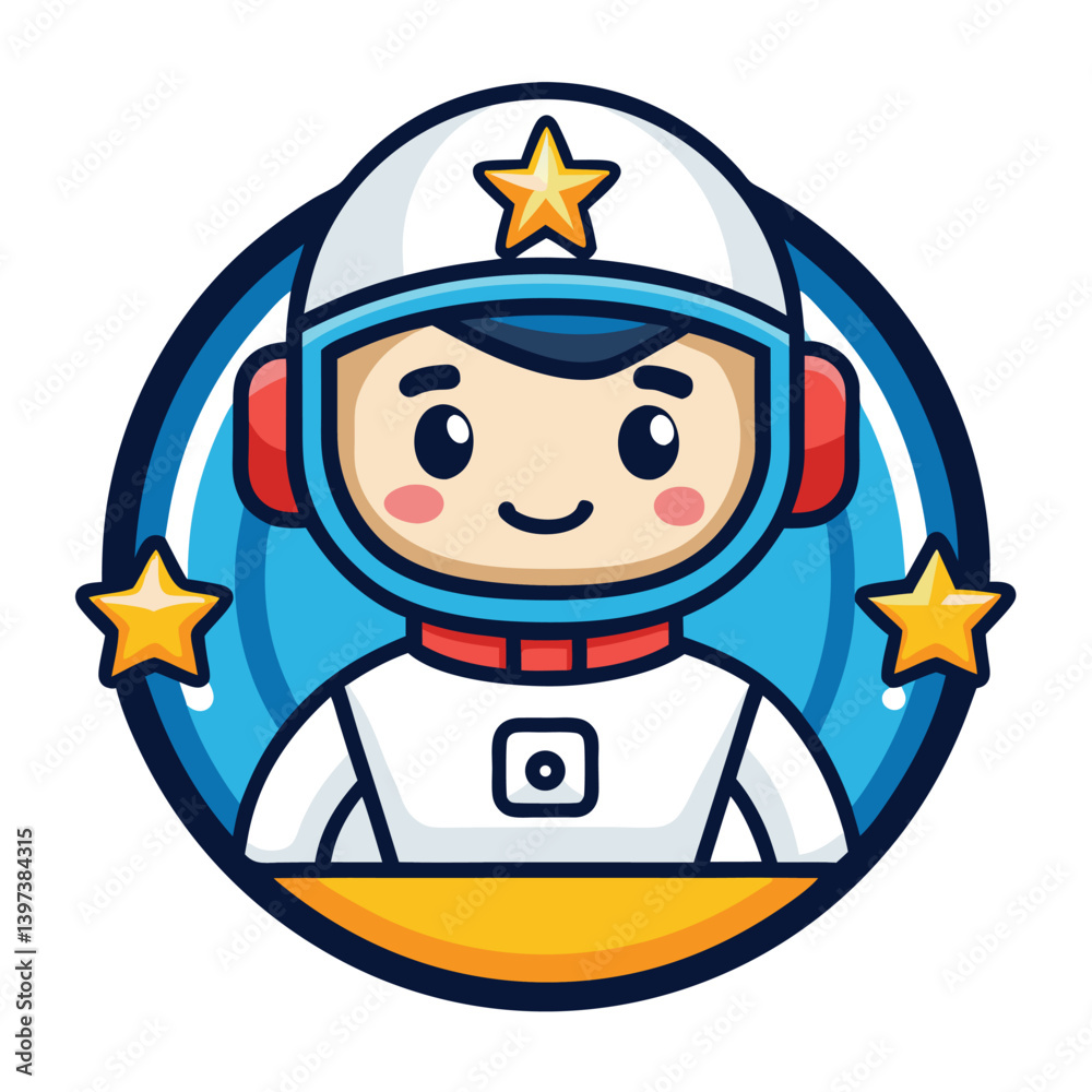 Cartoon Astronaut Mascot Icon. Cheerful Spaceman Character in Emblem with Stars Cartoon Astronaut Mascot Icon. Cheerful Spaceman Character in Emblem with Stars