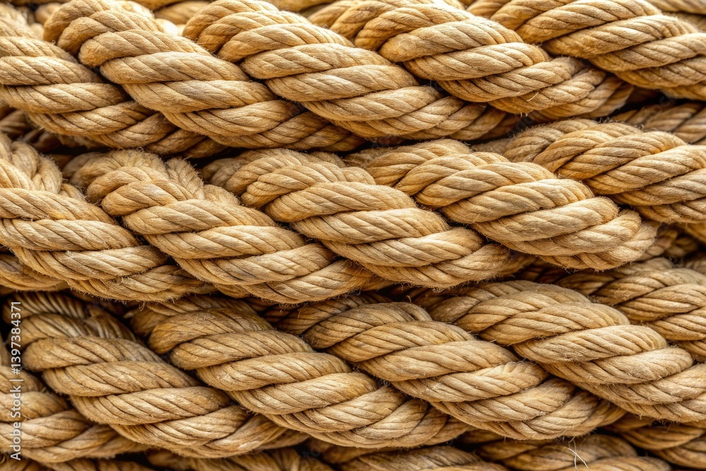 Close-up of thick, beige natural rope; textured woven fiber background. Close-up of thick, beige natural rope; textured woven fiber background.