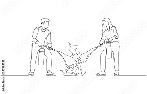Continuous one line drawing of two employees practicing to use a fire extinguisher to put out fire, company fire drill concept, single line art