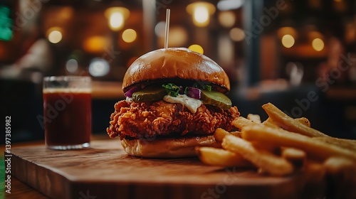 Close-up of a delicious fried chicken burger served on a wooden board with crispy fries and a small glass of dipping sauce, set in a cozy restaurant atmosphere with warm lighting