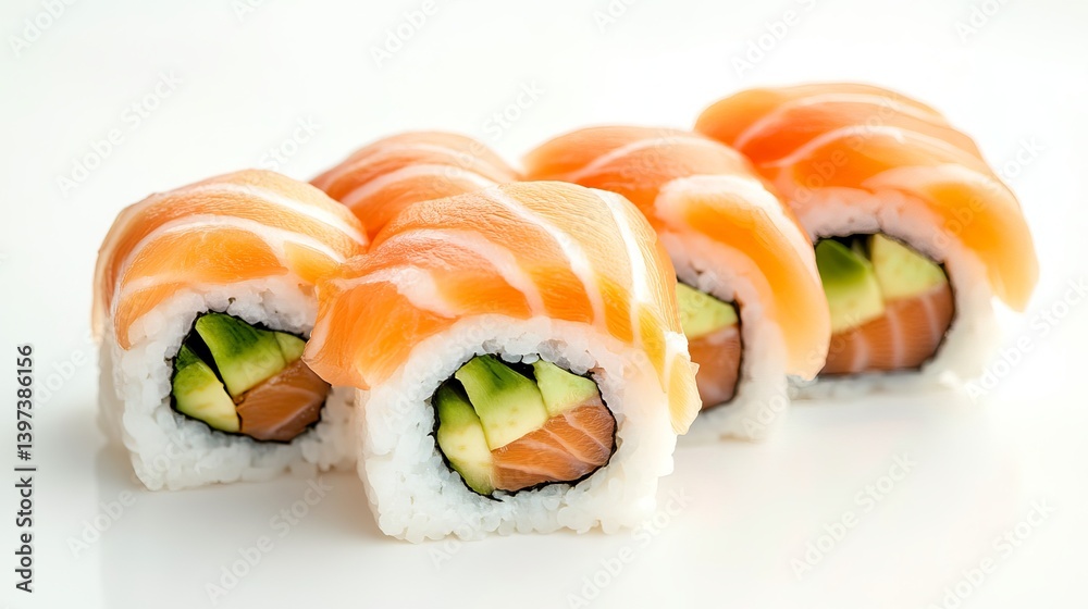 Close up shot of a row of salmon sushi rolls with avocado on a white surface in bright lighting Close up shot of a row of salmon sushi rolls with avocado on a white surface in bright lighting