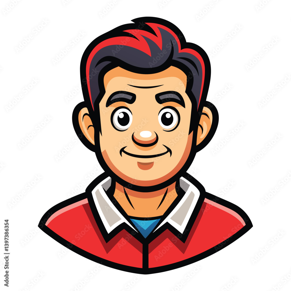 Cartoon Character Portrait Smiling Man with Red Hair Streaks and Red Jacket Design Cartoon Character Portrait Smiling Man with Red Hair Streaks and Red Jacket Design