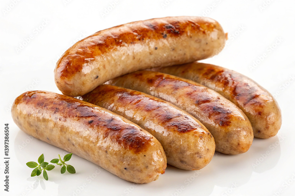 Classic Pork Sausages with Golden-Brown Texture, Appetizing and Isolated on White Classic Pork Sausages with Golden-Brown Texture, Appetizing and Isolated on White