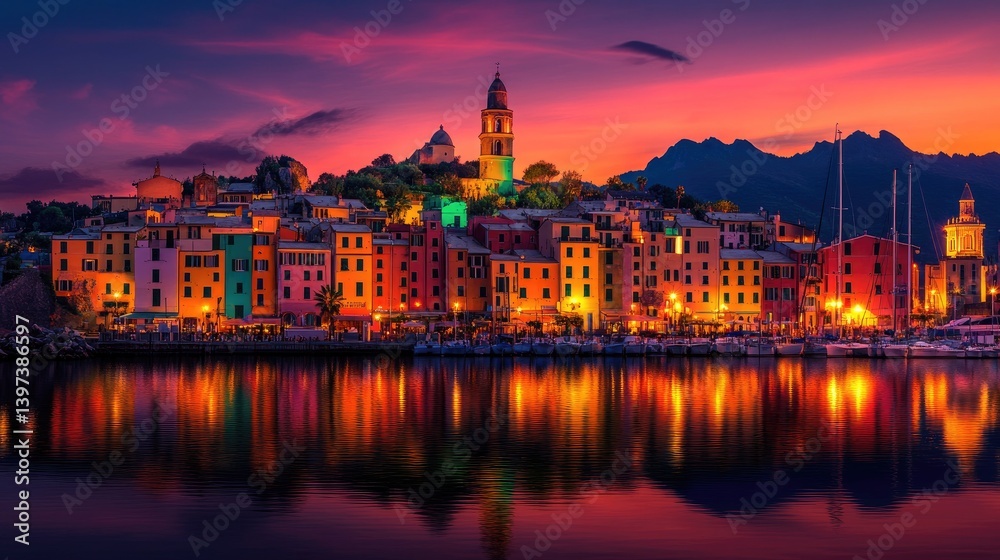 Fototapeta premium Vibrant coastal town at sunset. Colorful buildings reflect on calm water. Dramatic sky