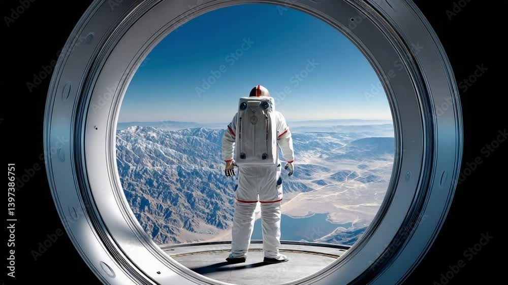 Astronaut's View: A lone astronaut gazes out a circular portal, contemplating the vast, mountainous expanse of an alien planet, creating a sense of wonder and solitude