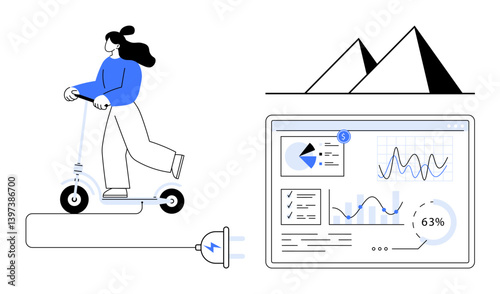 Young woman riding electric scooter, digital analytics dashboard with charts, graphs, and pyramids. Ideal for sustainability, mobility, technology, business insights, modern lifestyle data analysis