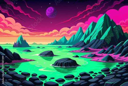 Alien black volcanic beach meeting an emerald green ocean under a magenta sky, mysterious landscape