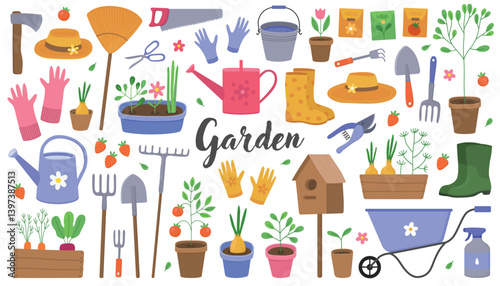 Collection of colorful illustrations for vegetable garden. Items for gardening, farming. Wheelbarrow, watering can, shovel, bucket, rake, boots, vegetables.