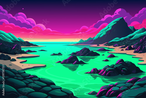 Alien black volcanic beach meeting an emerald green ocean under a magenta sky, mysterious landscape