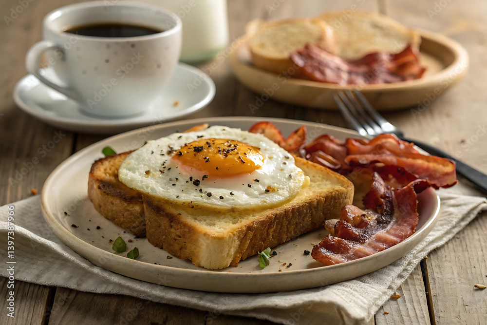 Classic Breakfast Composition: Toast, Bacon, and Perfectly Cooked Sunny-Side-Up Egg. Classic Breakfast Composition: Toast, Bacon, and Perfectly Cooked Sunny-Side-Up Egg.