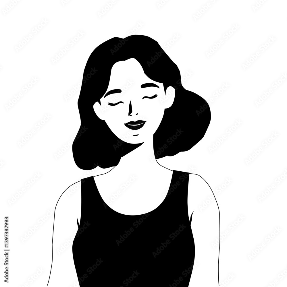 Black and white vector illustration of a young woman with closed eyes and short wavy hair. Minimalist line art style, perfect for beauty, mindfulness, and wellness themes Black and white vector illustration of a young woman with closed eyes and short wavy hair. Minimalist line art style, perfect for beauty, mindfulness, and wellness themes